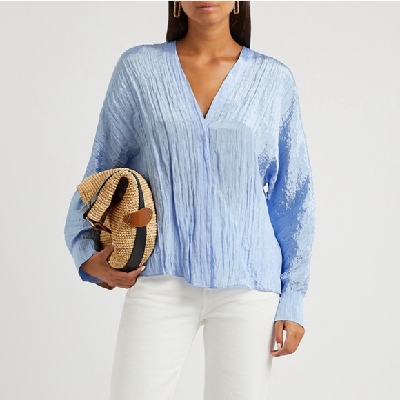 NEW! Vince Crinkled Satin Long Sleeve Double V-Neck Blouse Blue XS - Picture 4 of 16